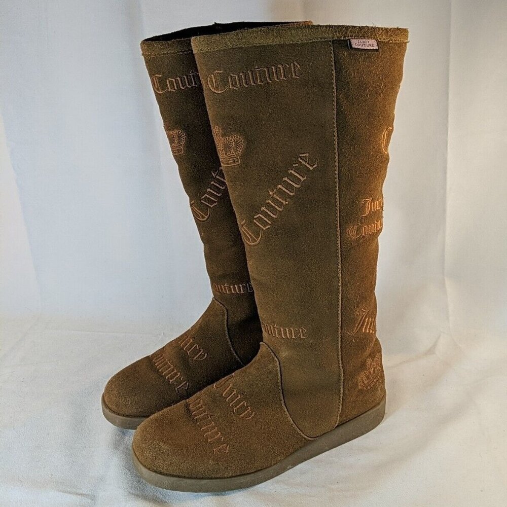 Juicy Couture Brown Faux Suede Moccasin Boots Knee High Tan Embroidered Y2K 8.5